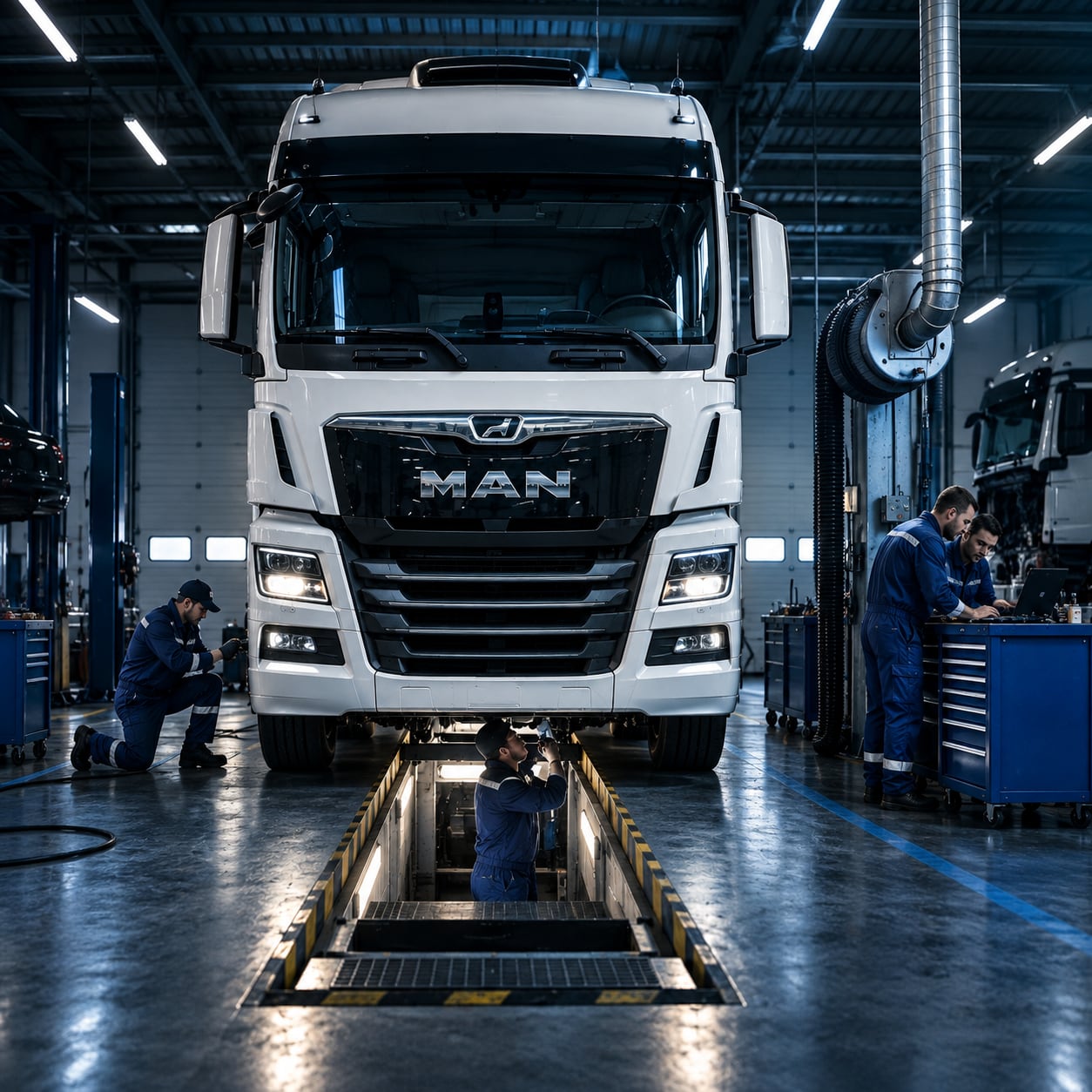 Serwis MAN-a nad kanałem przeglądowym w warsztacie Trans-Wojer Mechanika Pojazdowa